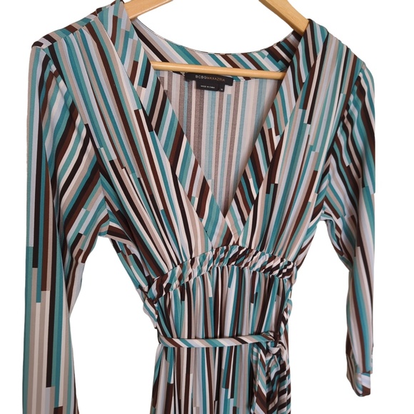 BCBGMaxAzria Retro Teal Blue Brown Striped Dress V Neck 3/4 Sleeves - Picture 7 of 13
